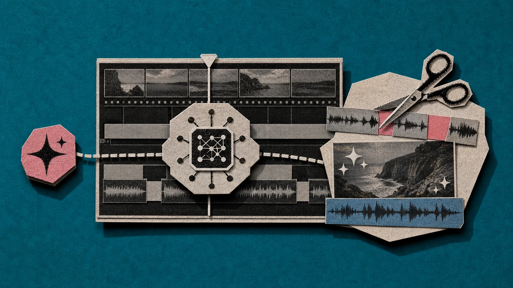 A single automation button contrasted with an AI system coordinating several video-editing tasks.