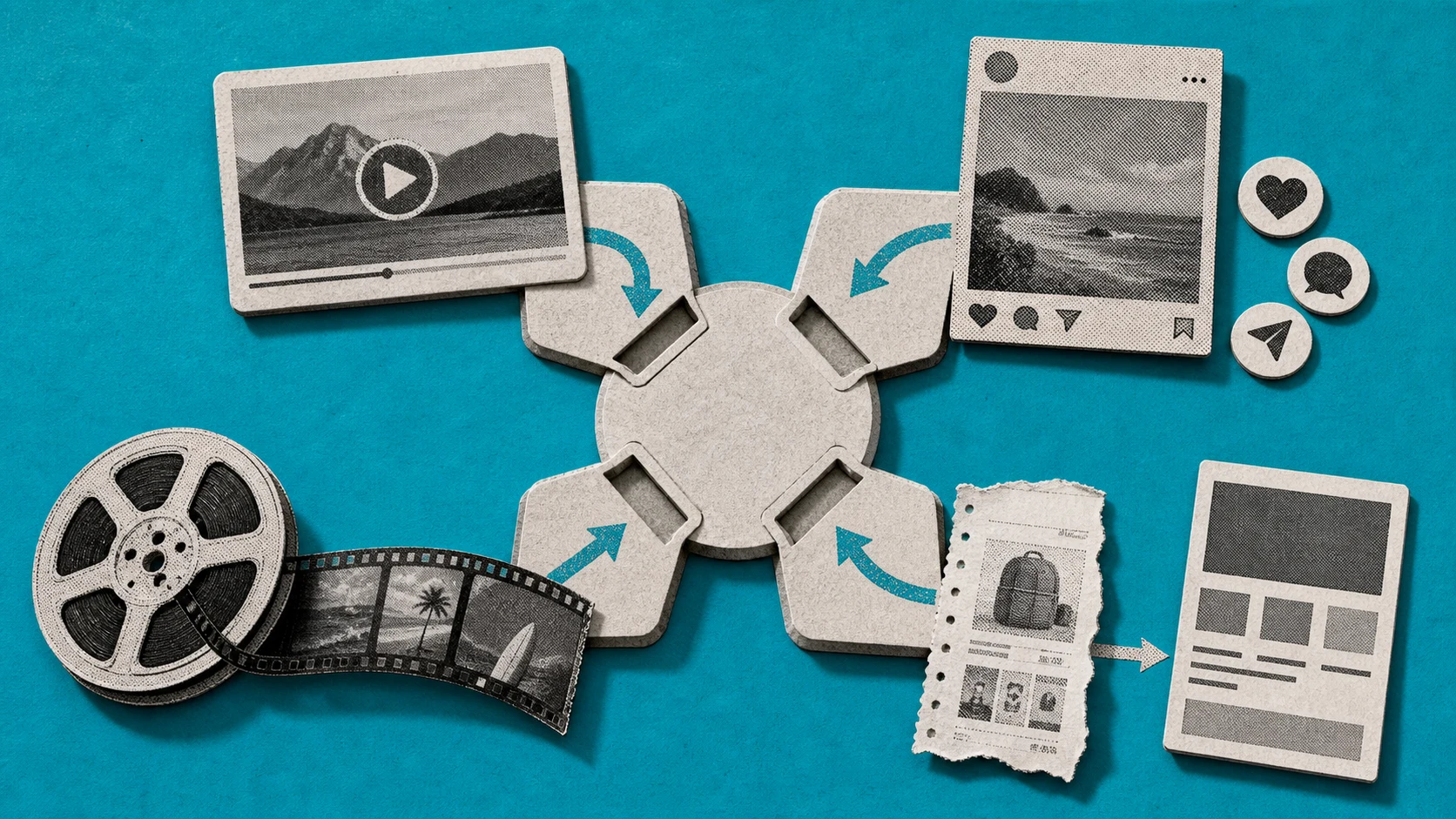 A four-way campaign routing wheel connects a paid-video card, boosted organic post, creator-style camera reel, and product-page template.