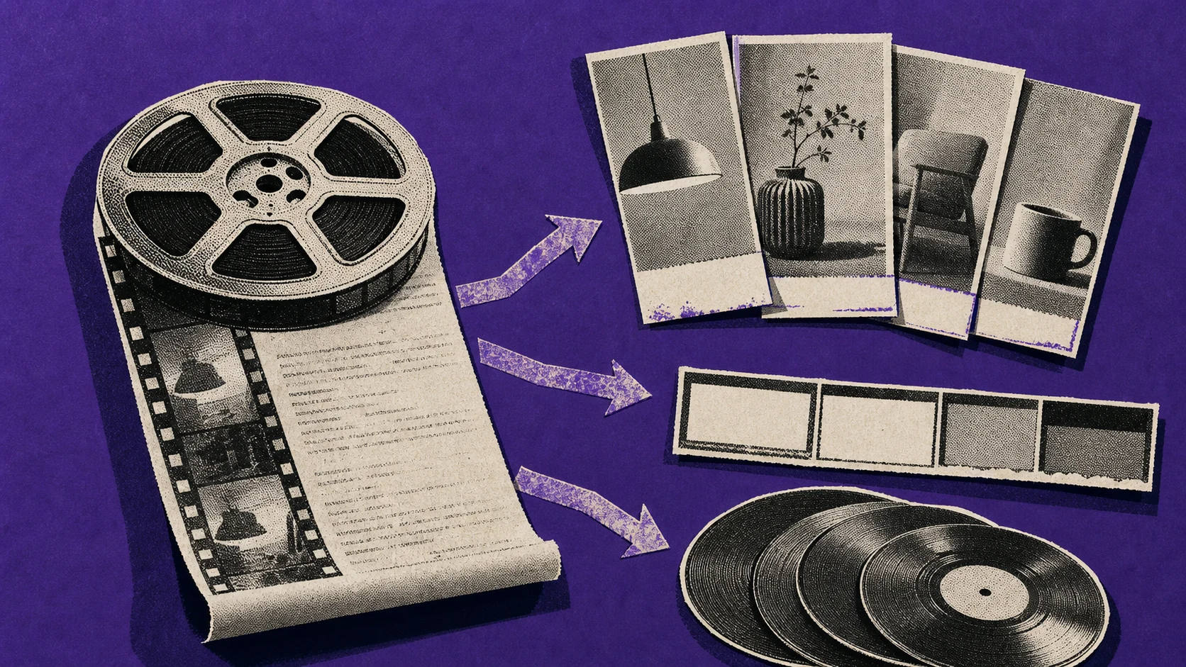 One long creator-session reel branches into stacks of vertical ad cuts with varied openings, caption strips, and music records.